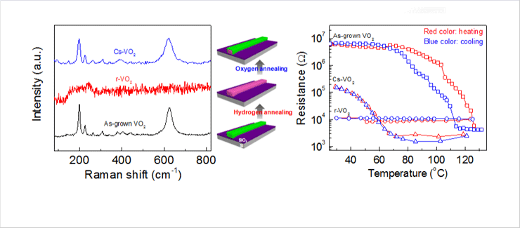 VO2 nanobeam의 라만 스펙트럼 데이터 및 온도에 따른 전기저항 특성